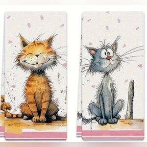 NEW Set Of 2 Whimsical Cat Print Kitchen / Bath Towels